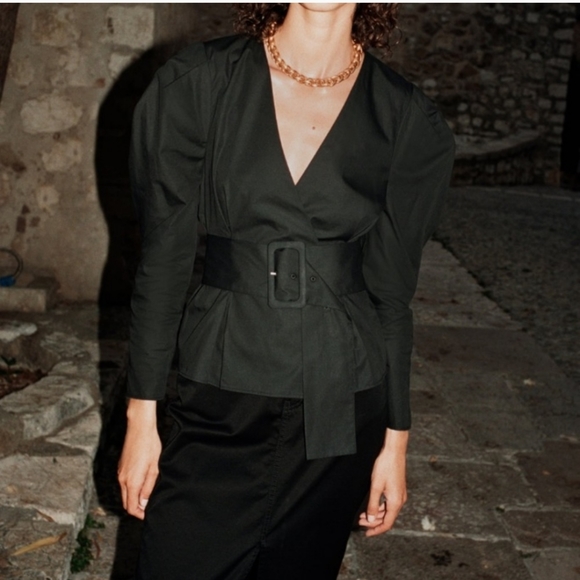 NWT* Zara Belted Puff Shoulder Poplin Wrap Blouse Black Top Shirt - Picture 5 of 12